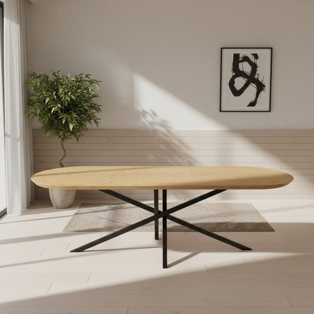 Flacher, ovaler Esstisch aus Eiche mit gedrehten Beinen