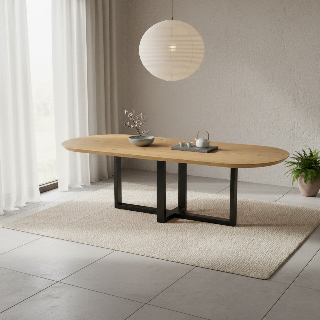 Flacher, ovaler Esstisch aus Eiche mit doppeltem U-Bein - gerade