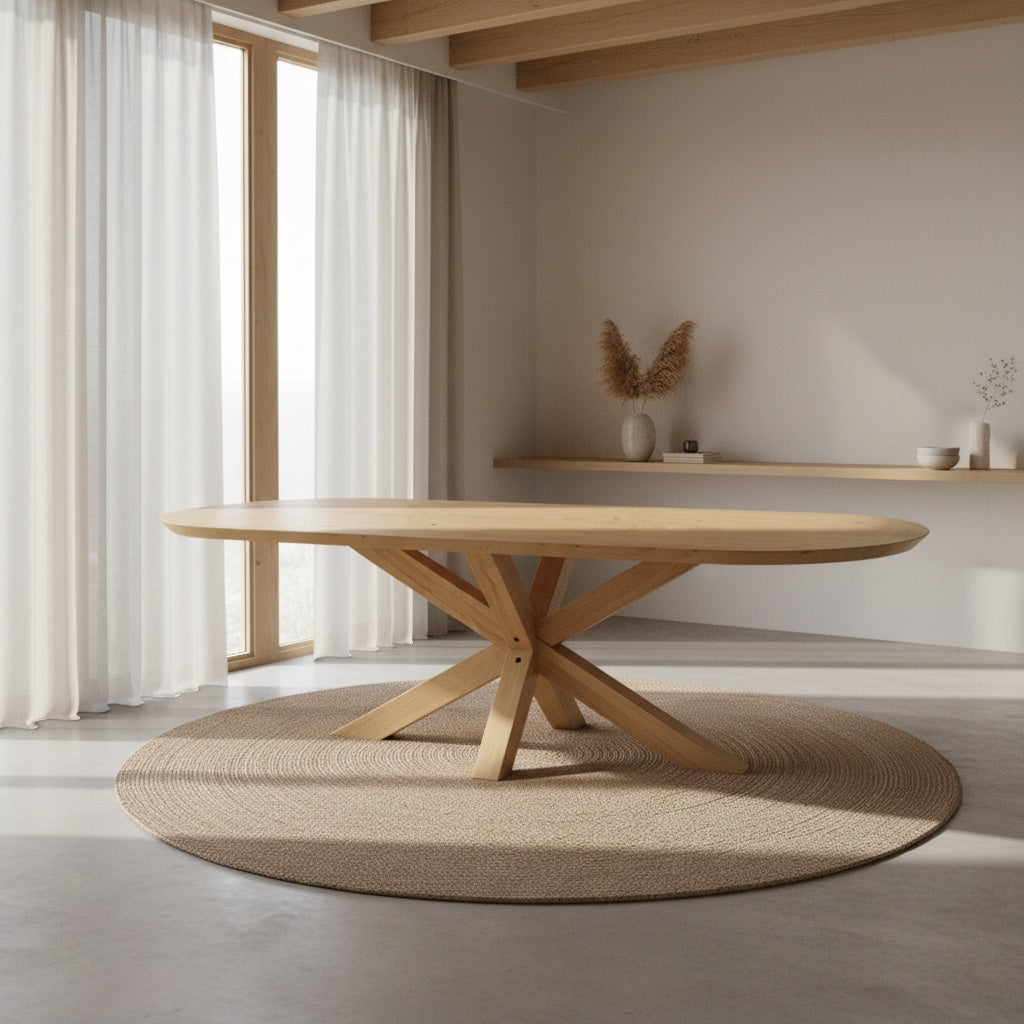 Flacher, ovaler Esstisch aus Eiche mit Beinen aus Holzmatrix