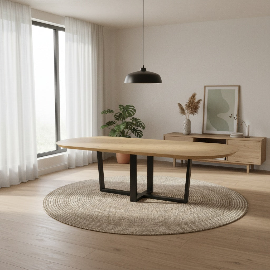 Flacher, ovaler Esstisch aus Eiche mit doppeltem U-Bein - schräg