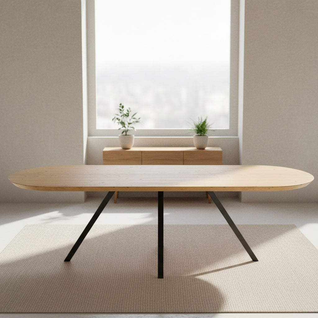 Flacher, ovaler Esstisch aus Eiche mit Spinnenbeinen