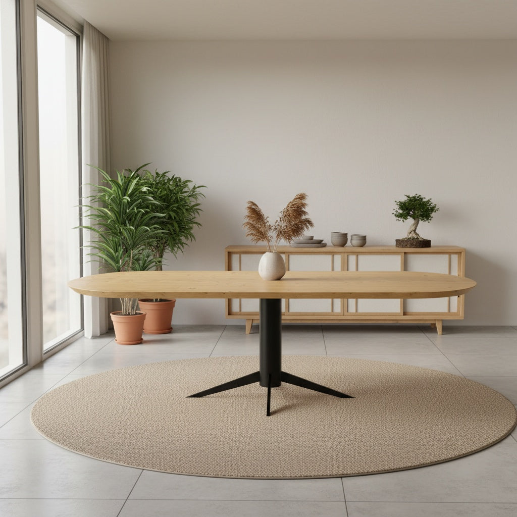 Flacher, ovaler Esstisch aus Eiche mit Säulenbeinen – Spinnenbein