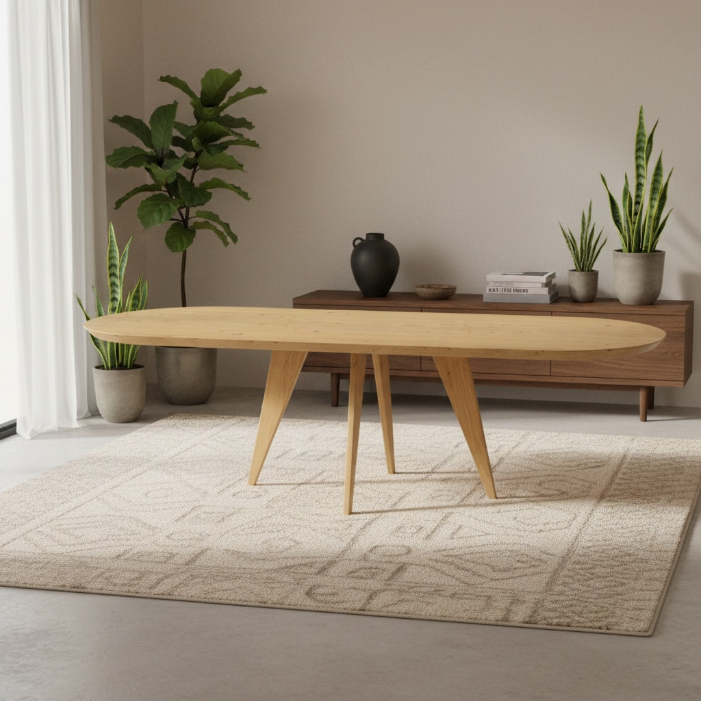 Flacher, ovaler Esstisch aus Eiche mit skandinavischen Beinen