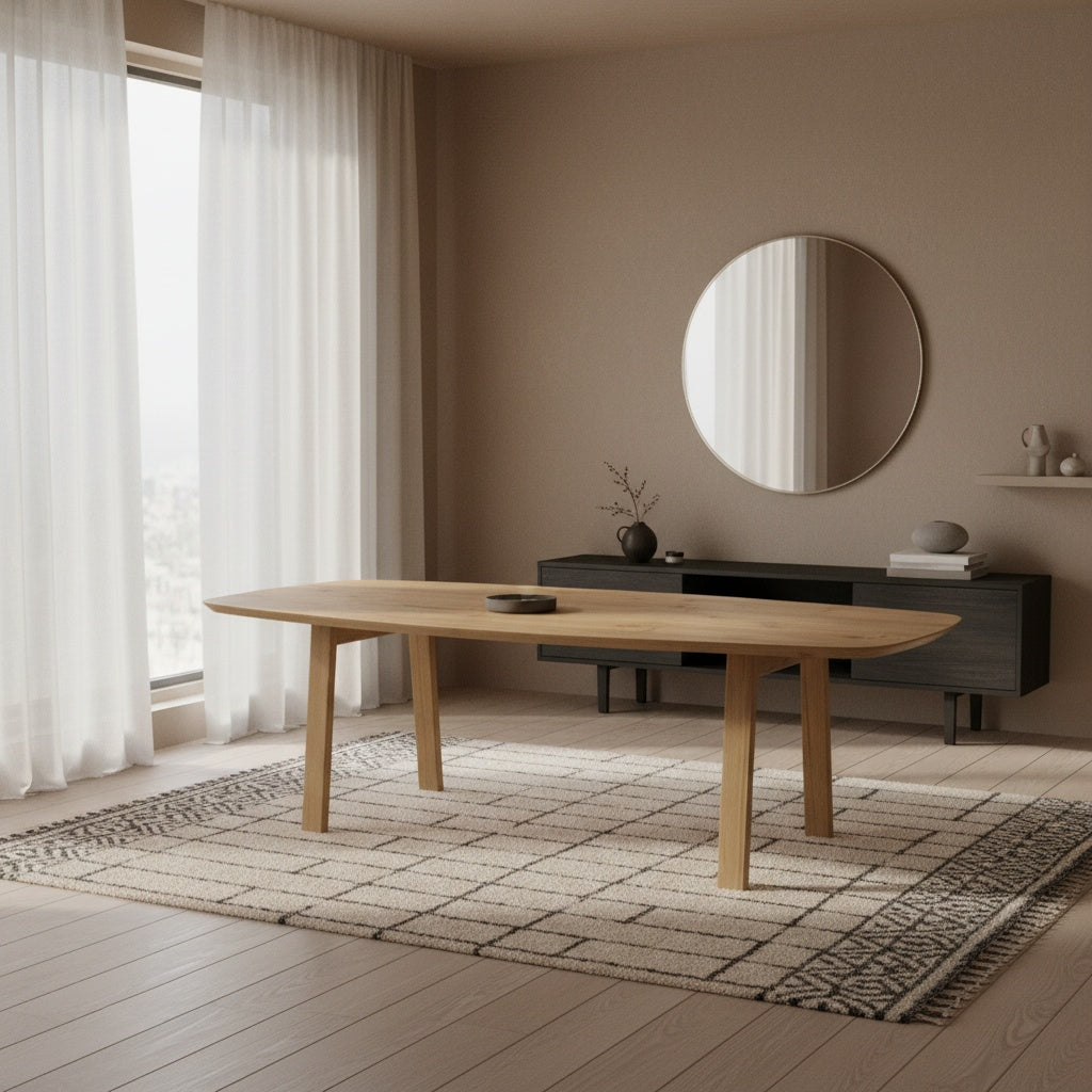 Deens ovale eettafel met houten trapezium poten