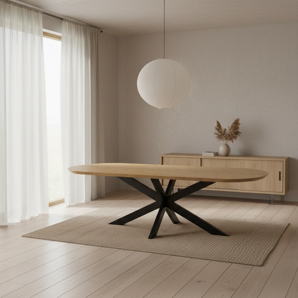 Flacher, ovaler Esstisch aus Eiche mit Matrixbeinen – schlank