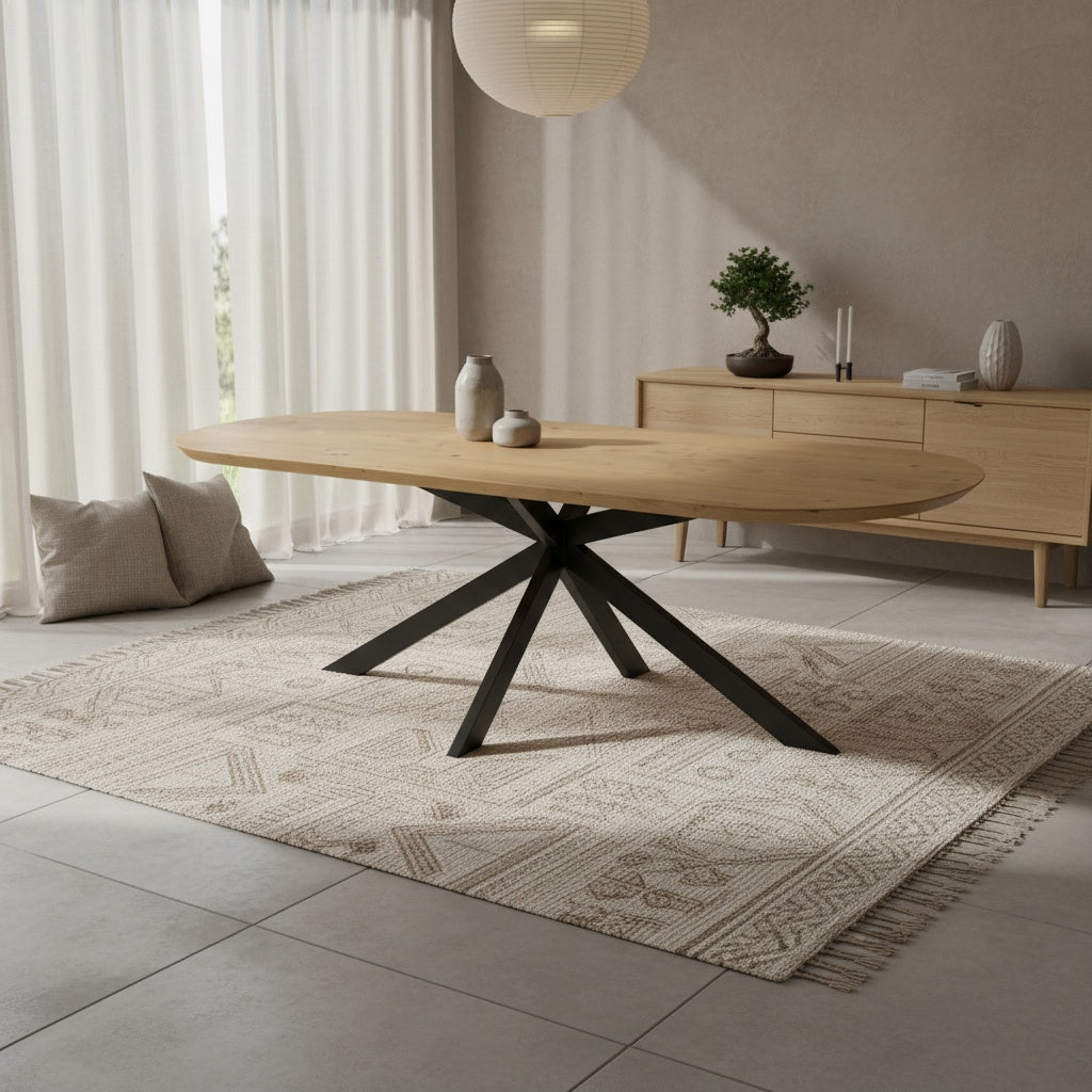 Flacher ovaler Esstisch aus Eiche mit der Nummer 1381