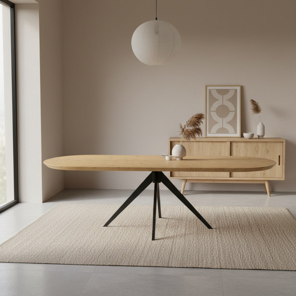 Flacher, ovaler Esstisch aus Eiche mit konischen Spinnenbeinen