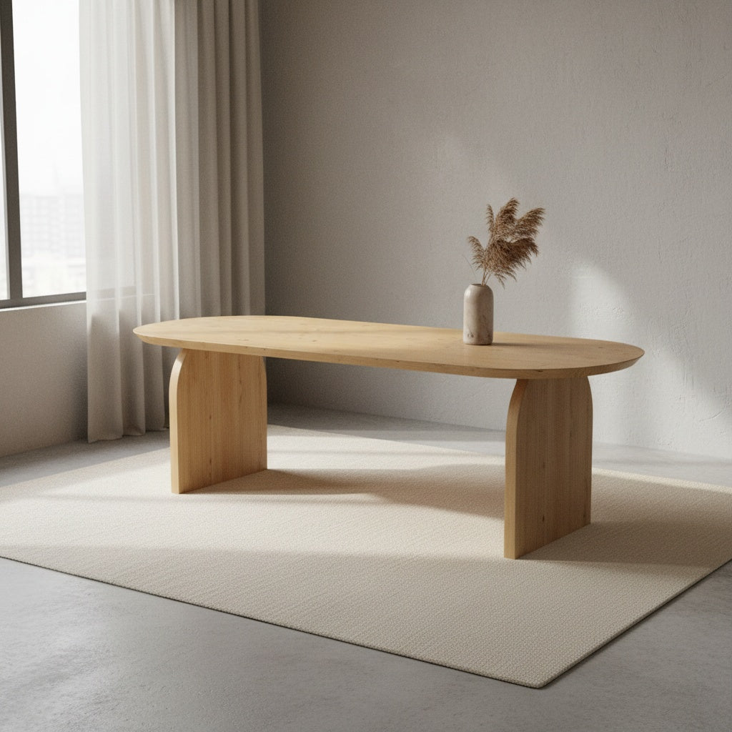 Eichenholz-Esstisch, flach und oval, mit flachen, ovalen Beinen