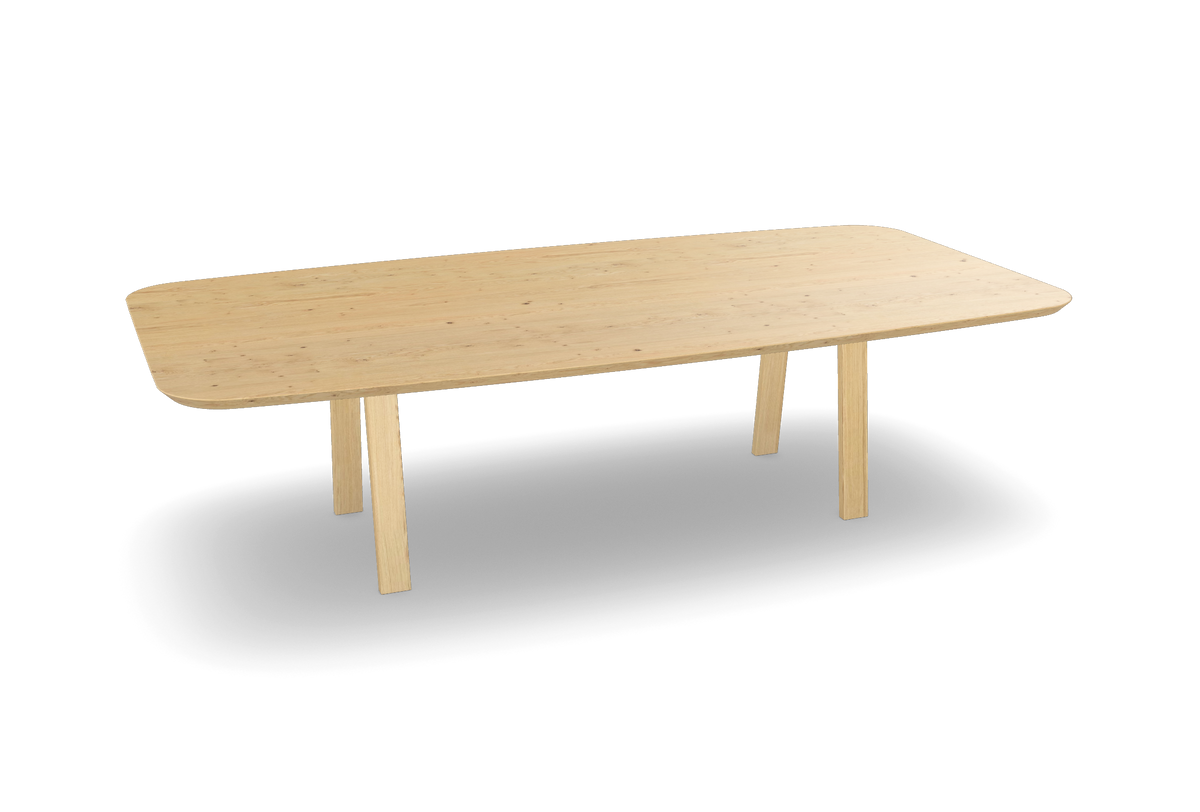 Eiken tonvorm eettafel met houten trapezium poten Nijhuis Meubels