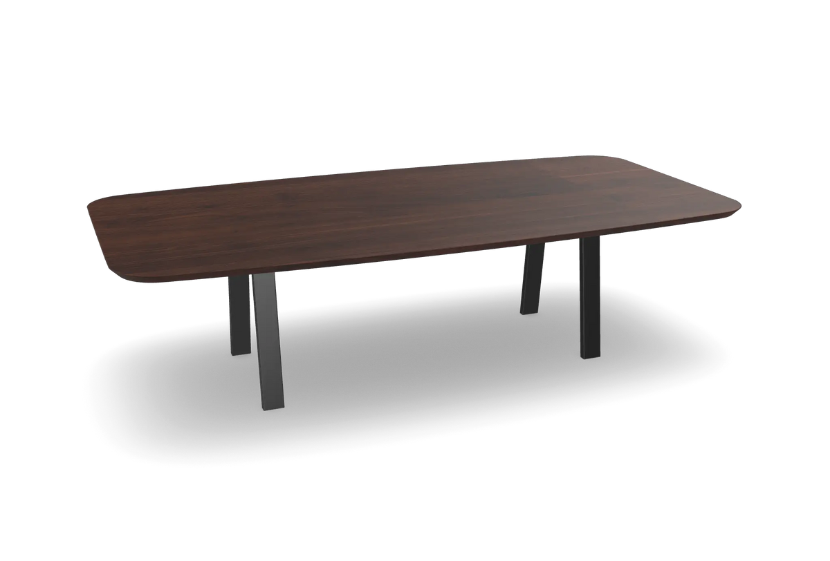 Noten tonvorm eettafel met trapezium poten Nijhuis Meubels
