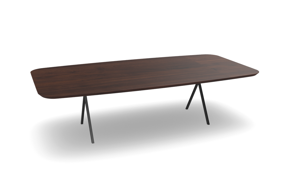 Noten tonvorm eettafel met X-poten - slim Nijhuis Meubels