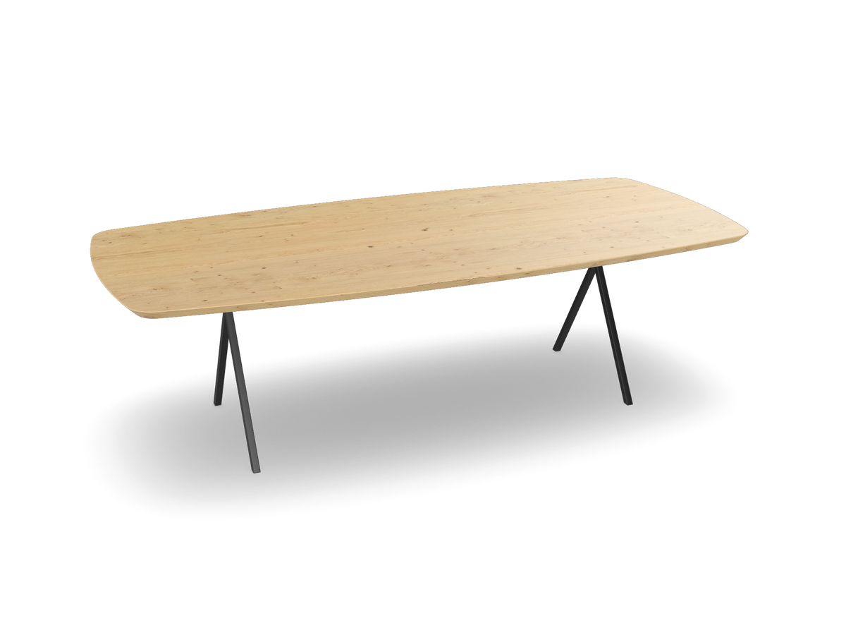 Eiken bootvorm eettafel met X-poten - slim Nijhuis Meubels
