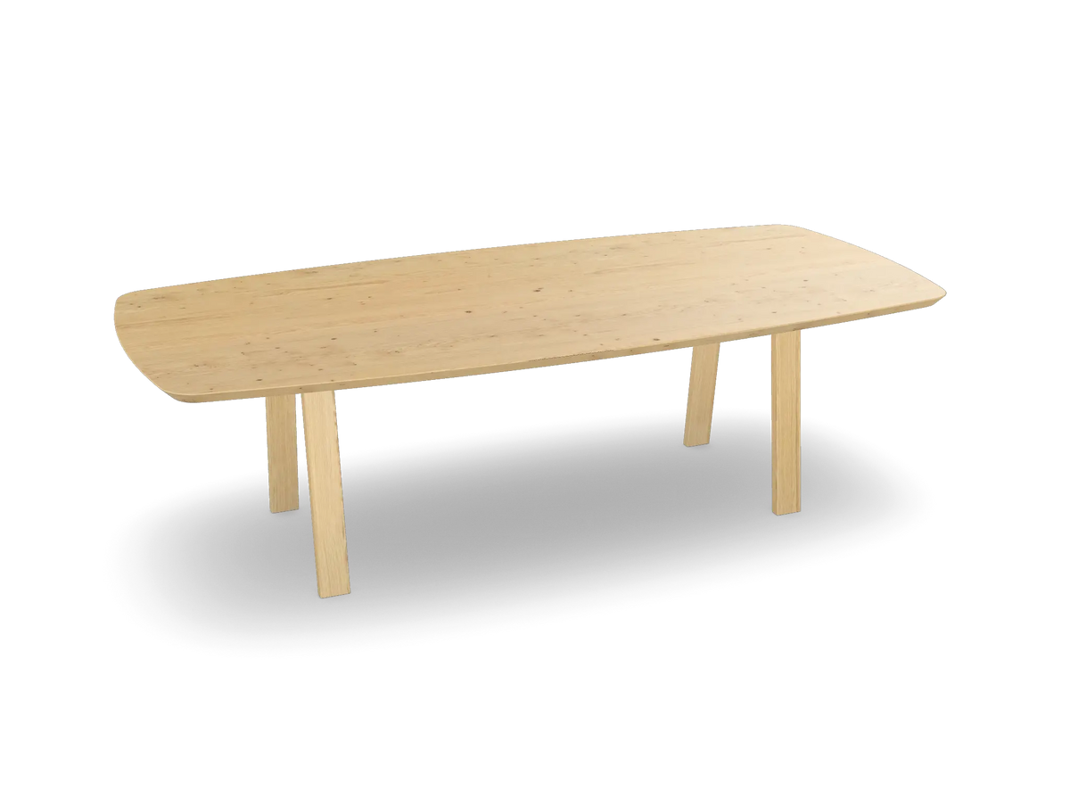 Eiken bootvorm eettafel met houten trapezium poten Nijhuis Meubels