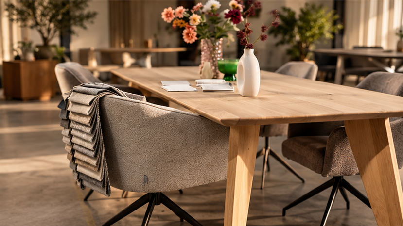 Eettafels en stoelen in onze showroom