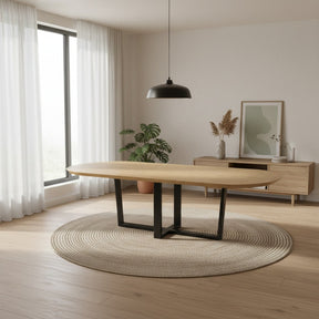 Eiken plat ovale eettafel met dubbele U-poot - schuin Nijhuis Meubels