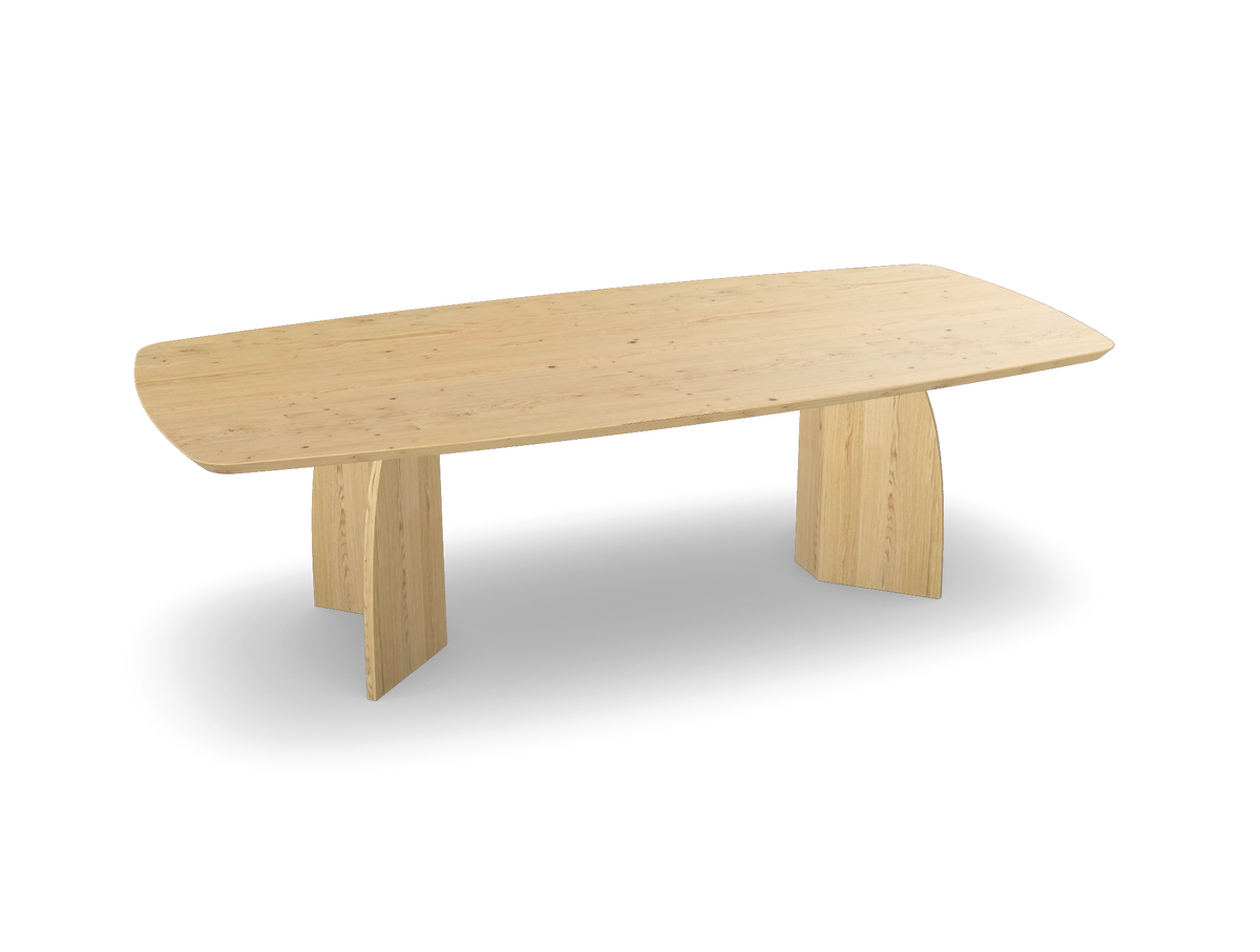 Eiken bootvorm eettafel met houten vlinderpoot