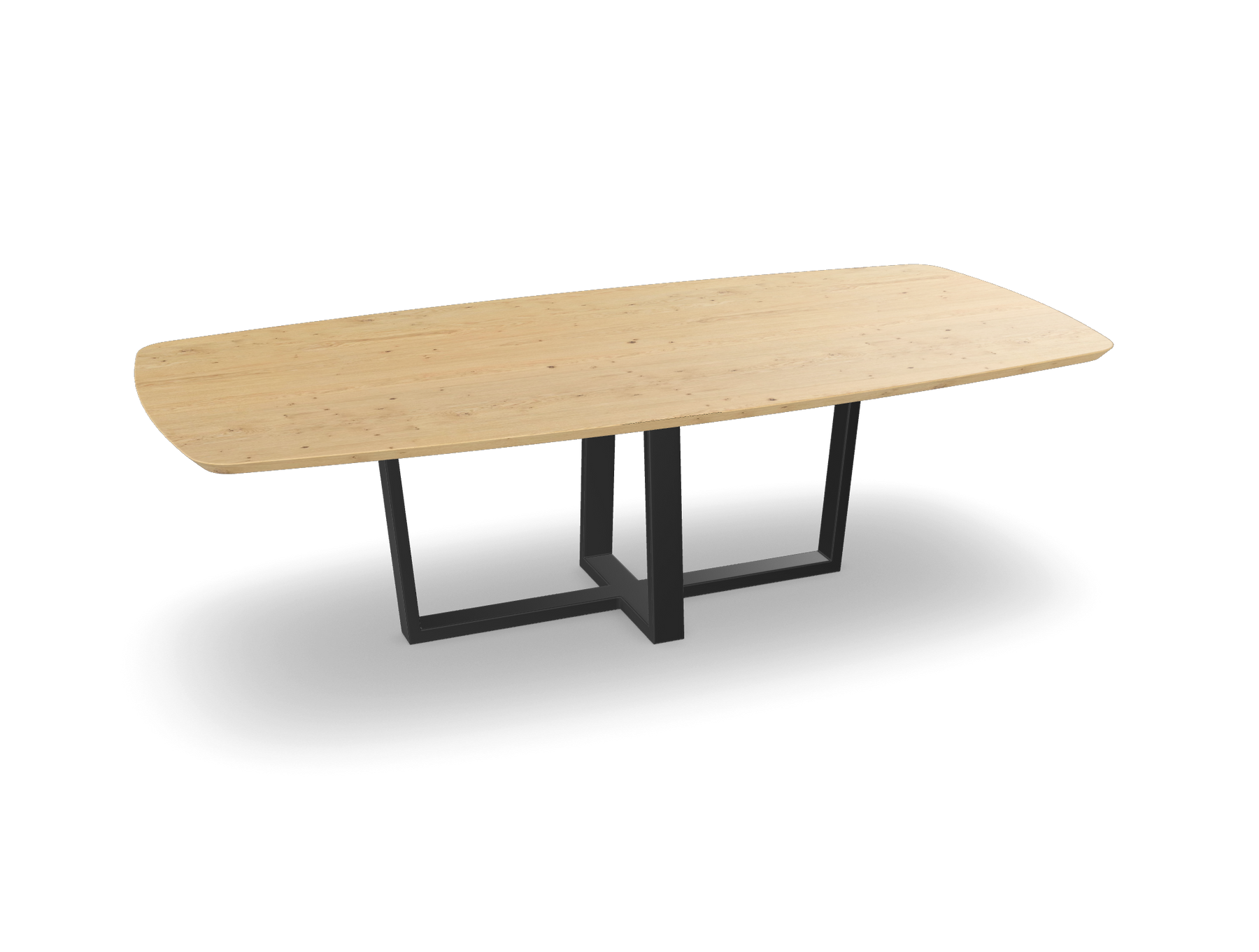 Eiken bootvorm eettafel met dubbele U-poot - schuin