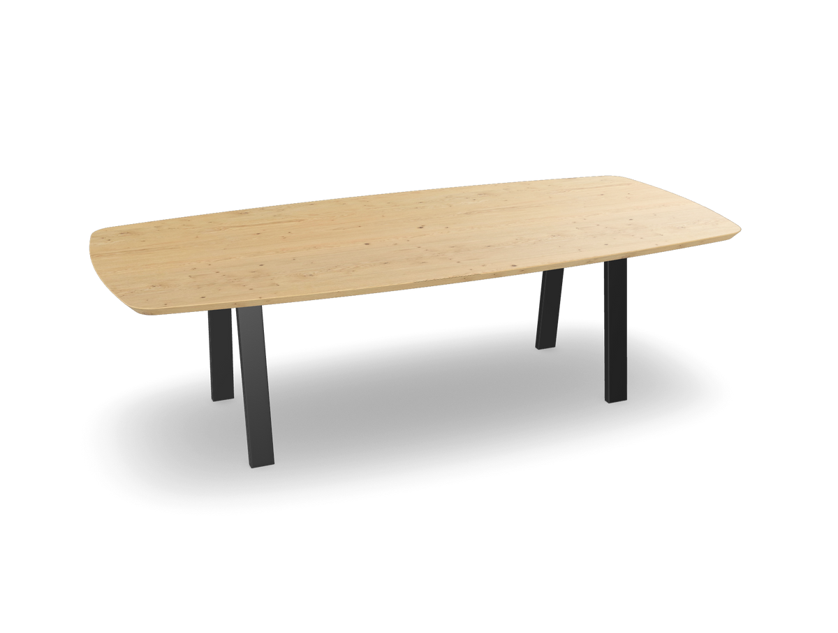 Eiken bootvorm eettafel met trapezium poten