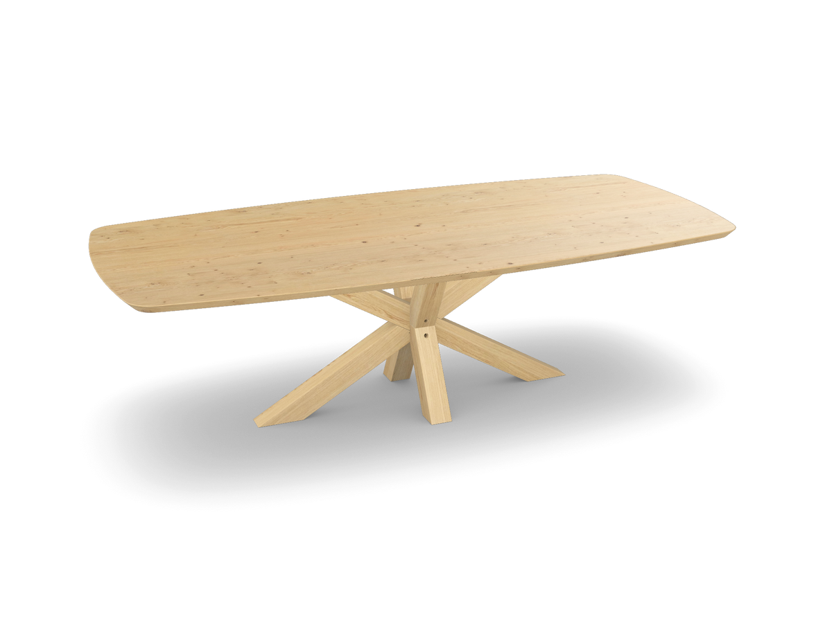 Eiken bootvorm eettafel met houten matrixpoot