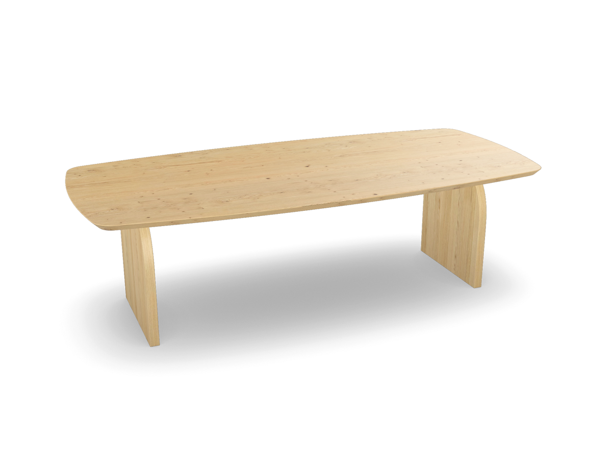 Eiken bootvorm eettafel met plat ovale poot