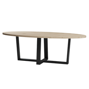 Eiken ovale eettafel met stalen schuine lange U poot