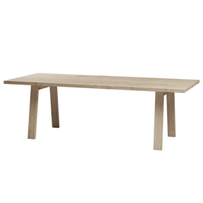 Eiken rechthoekige eettafel met houten trapezium poot