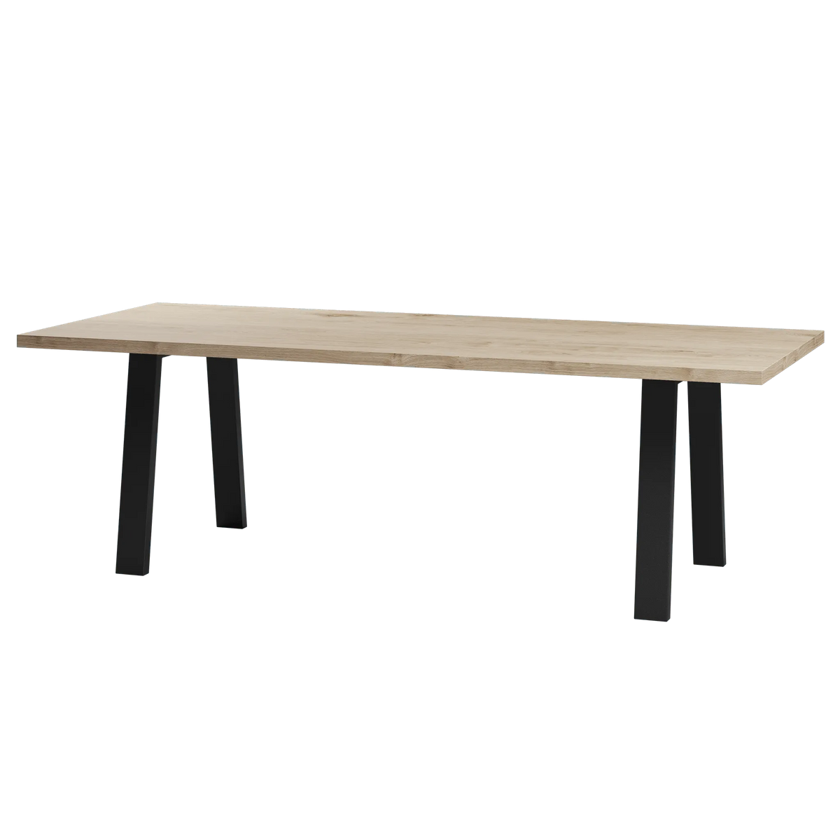 Eiken rechthoekige eettafel met stalen trapezium poten