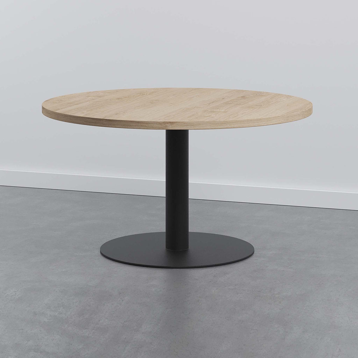 Ronde eettafel eiken met stalen ronde kolom poot