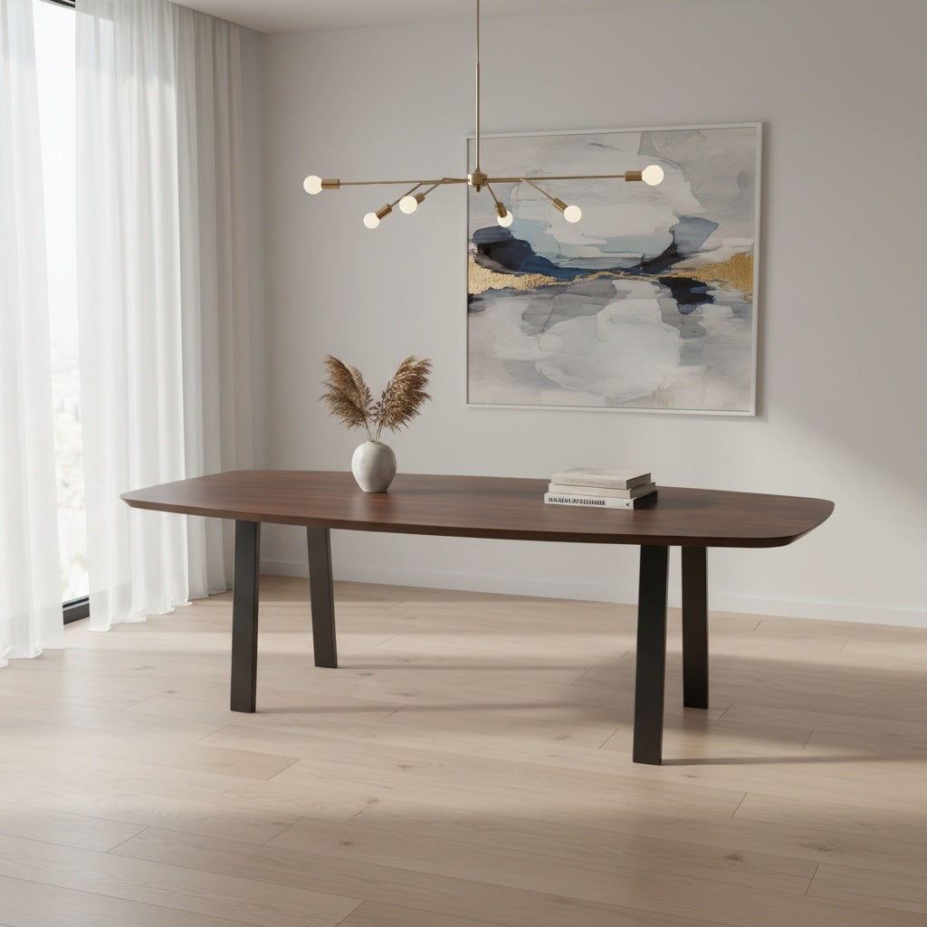 Notenhouten Deens Ovale Eettafel met Stalen Trapezium Poten